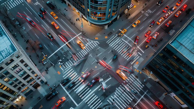 Aerial view of a busy city intersection with cars driving and light trails