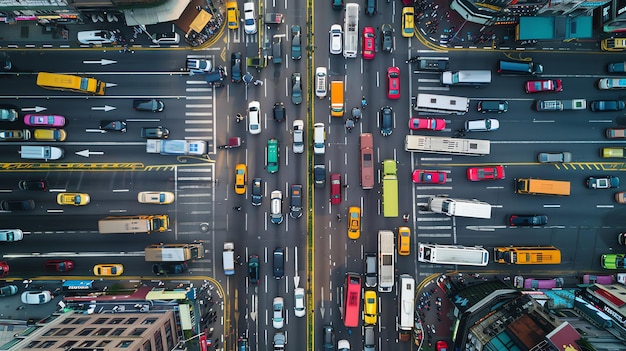 Aerial view of a busy city intersection with many cars and trucks