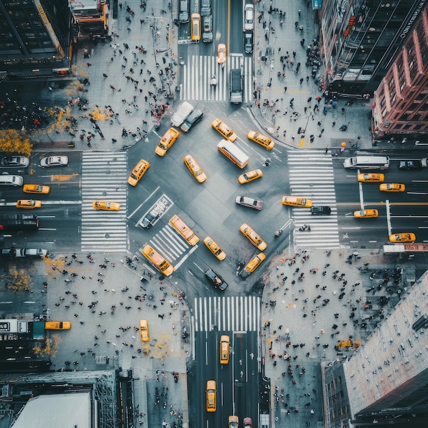 Photo aerial view of a busy city intersection with yellow cabs