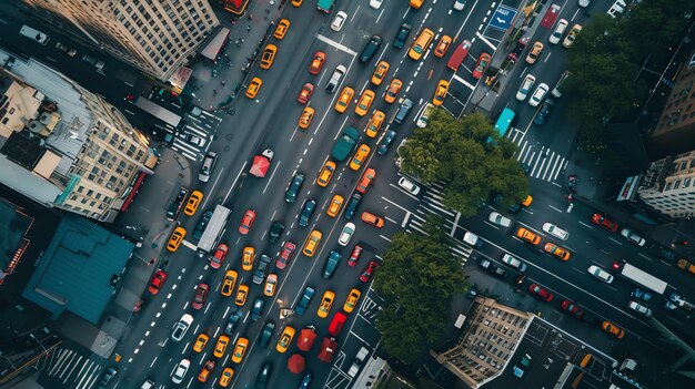 Aerial view of a busy city intersection with yellow taxis