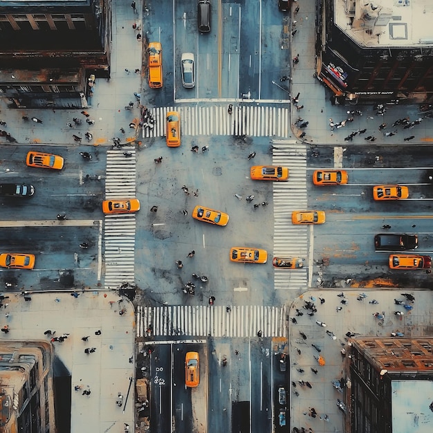 Aerial view of a busy city intersection with yellow taxis