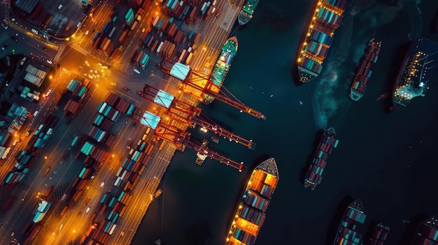 Photo aerial view of a busy container port at night