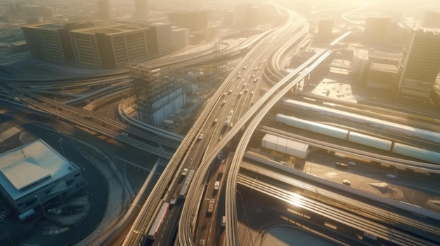 Aerial view of a busy highway in a big city with a lot of cars on it.