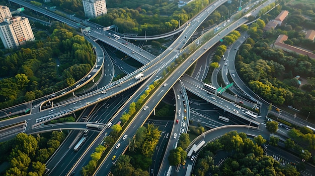 Aerial view of a busy highway interchange with multiple levels of roads and cars