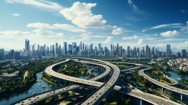 Aerial view of a busy highway intersection full of traffic during daytime