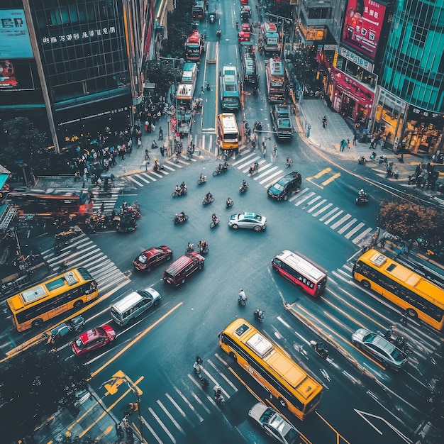 An aerial view of a busy intersection in a city with cars buses motorcycles and pedestrians