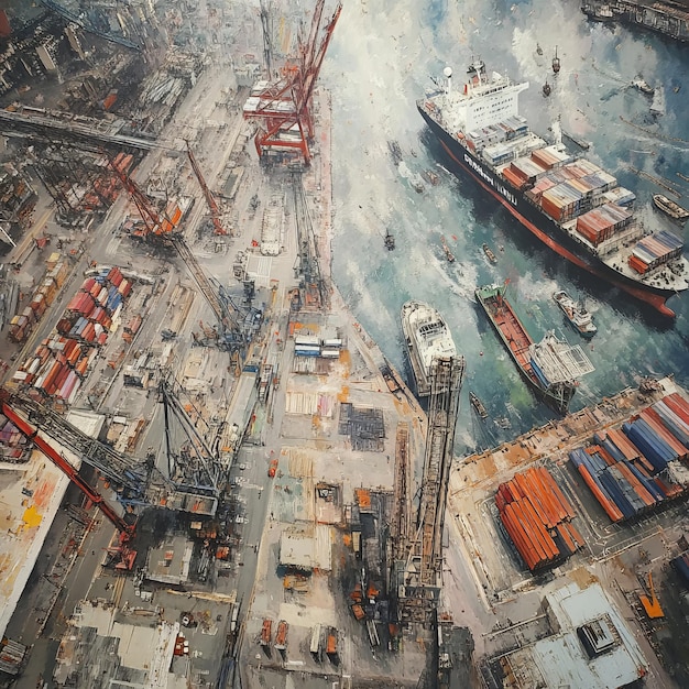 Photo aerial view of a busy port with container ships and cranes