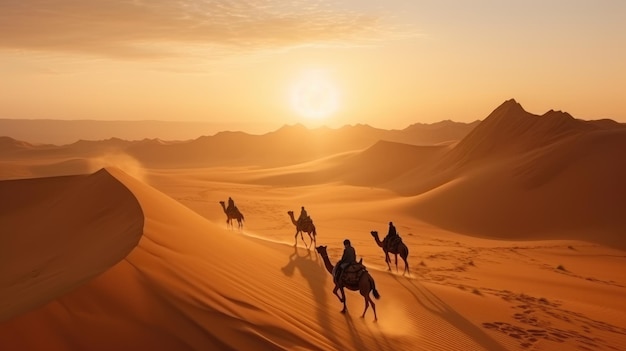 Aerial view of camel and men at sand desert