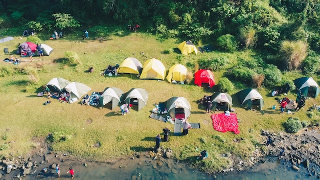 Aerial view of camping by the river