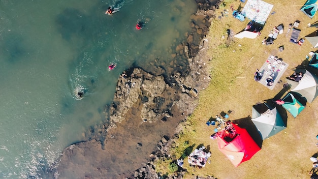 Aerial view of camping by the river