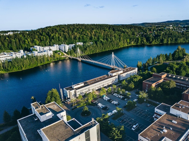 Aerial view of Campus area with Ylisto bridge over river to in Jyvaskyla Finland