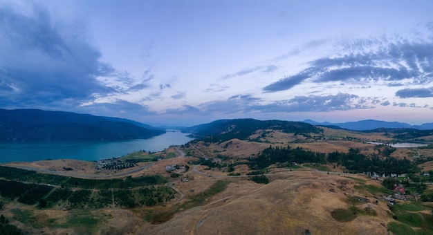 Aerial view of canadian landscape with kalamalka lake and mountains