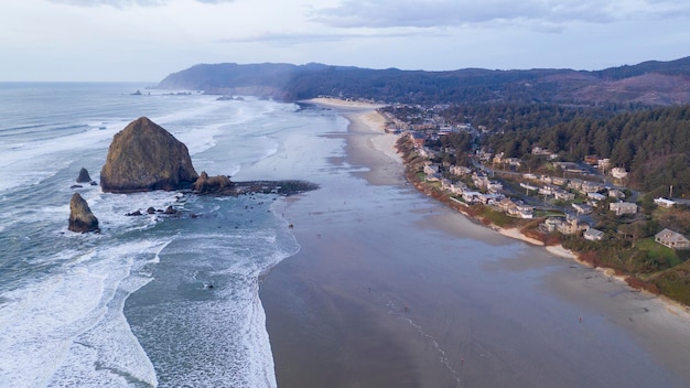 Aerial View Over Cannon Beach Pacific Ocean Coast Oregon