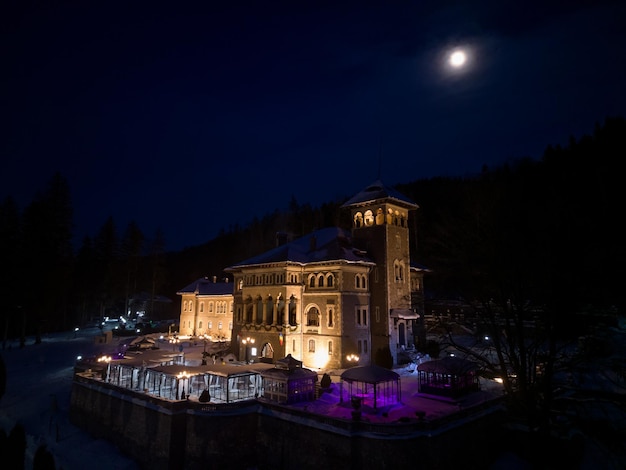 Aerial view of Cantacuzino Castle in winter Busteni Romania