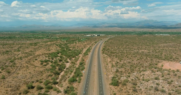 Aerial view canyon with cacti on mount near a scenic highway in the arizona united states of america