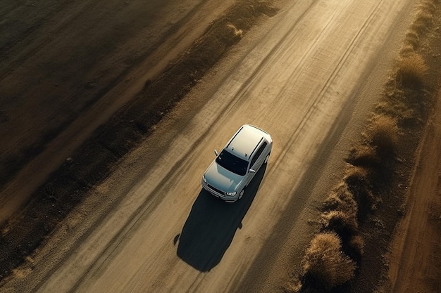 Aerial view of a car on a country road