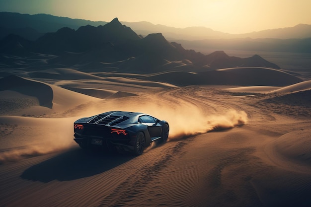 Aerial view of a car on a desert road