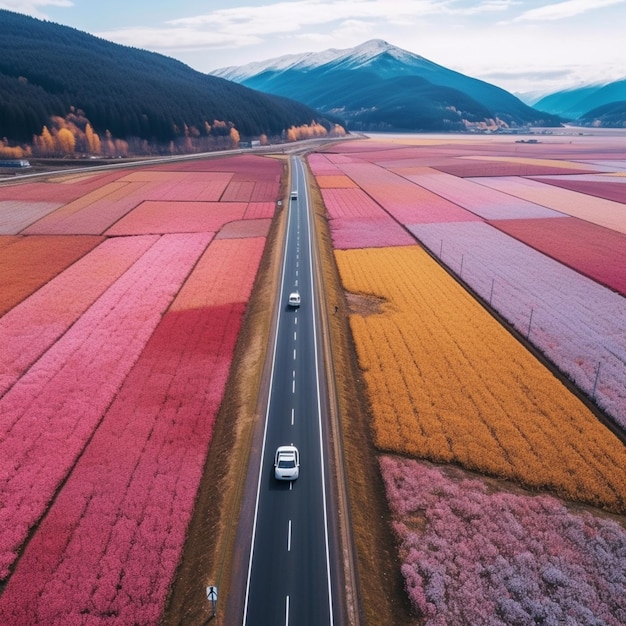 Aerial view of a car driving down a road in a field of flowers generative ai