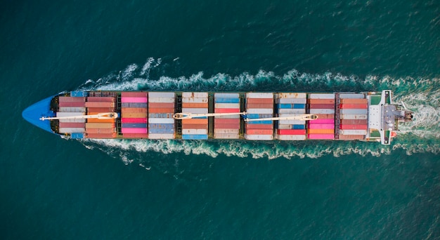 Aerial view of cargo container ship in the sea