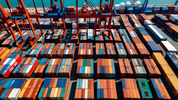 Aerial View of Cargo Containers Being Loaded Onto a Ship at a Port