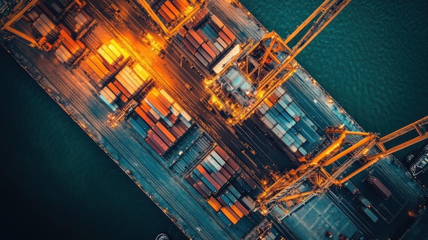 Aerial View of a Cargo Ship at a Busy Port