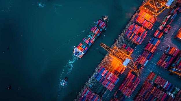 Aerial view of a cargo ship docked at a port