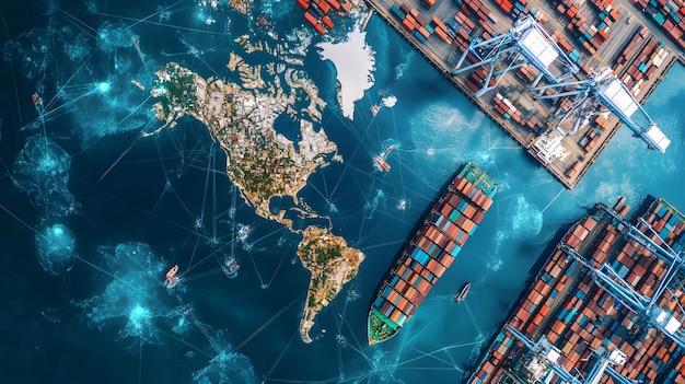 Aerial view of a cargo ship in a harbor with a map of the world superimposed on the water illustrating global trade