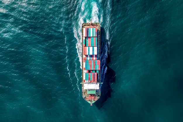 Aerial view of a cargo ship in the ocean