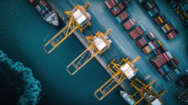 Aerial view of cargo ships and cranes at a busy shipping port