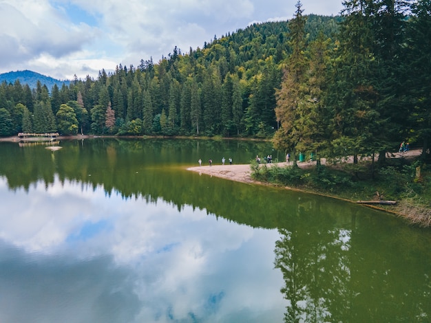 Aerial view of carpathian lake synevyr autumn season