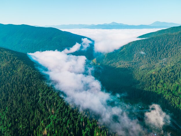 Aerial view of carpathian mountains range white clouds copy space summer time ukraine