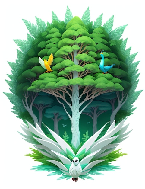 Aerial view of cartoon bird over tree with flock of birds