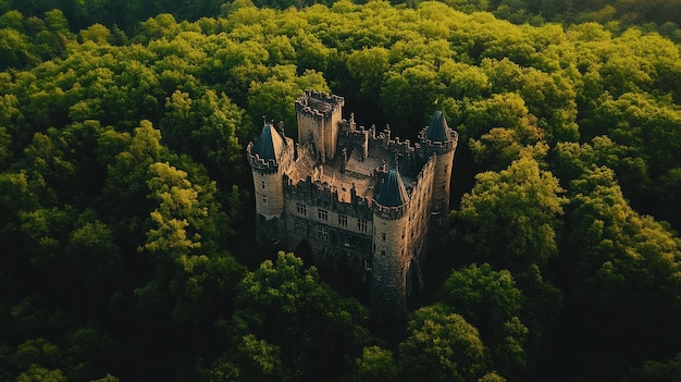 Photo aerial view of a castle surrounded by dense forest foliage