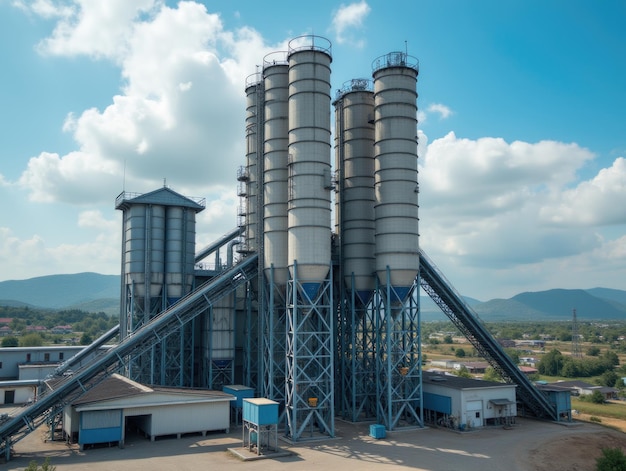 Photo aerial view of a cement factory featuring silo towers and industrial pipe structures