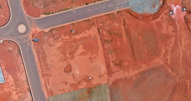 Aerial view cement foundation of new building details