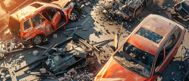 Photo an aerial view of a chaotic multicar crash scene on a sunny day showing destruction and emergency personnel responding to the disaster