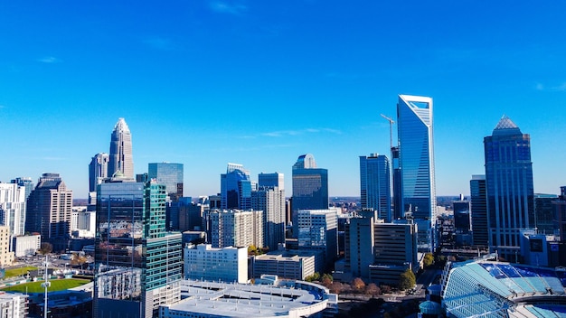 Aerial view of the Charlotte city skyline on a bright day