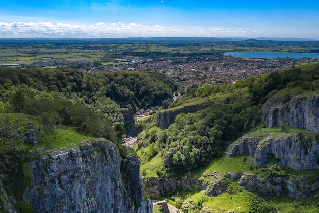 Aerial view of Cheddar Gorge, Mendip Hills, Somerset, England