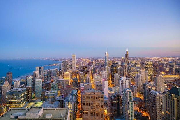 Aerial view of Chicago downtown skyline at sunset