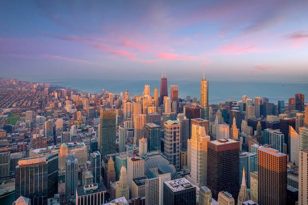 Aerial view of Chicago downtown at sunset from high above.