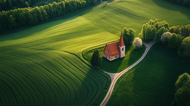 Aerial View of Church in a Green Field