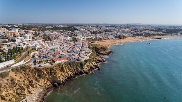 Aerial view of city of Albufeira, beach pescadores, in the south of Portugal, Algarve