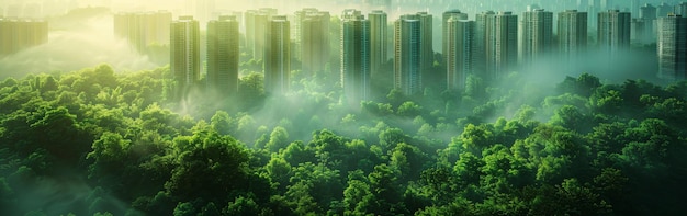 Aerial View of City Buildings Emerging From Dense Foggy Forest