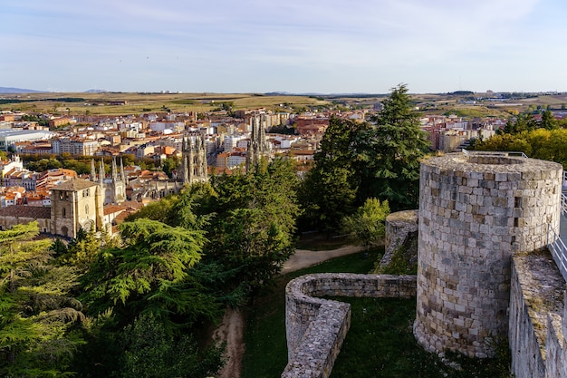 Aerial view of the city of Burgos from the castle of the city with its walls in the foreground. Spain.