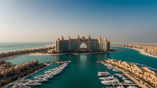 Aerial view on city by water Discover the Luxurious Atlantis Hotel A Gem on Dubois Palm Island Since 2008 Aerial view of Dubai city from the top of a tower