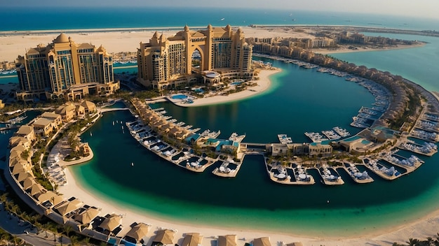 Aerial view on city by water Discover the Luxurious Atlantis Hotel A Gem on Dubois Palm Island Since 2008 Aerial view of Dubai city from the top of a tower