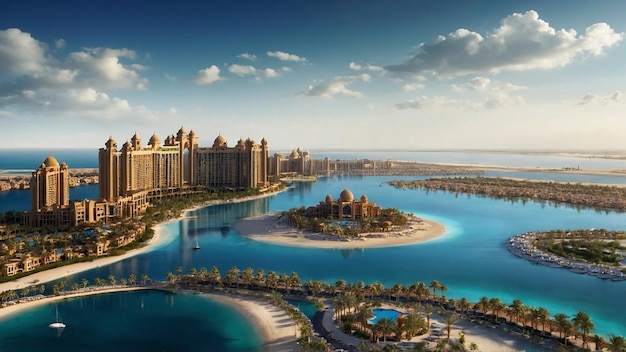 Aerial view on city by water Discover the Luxurious Atlantis Hotel A Gem on Dubois Palm Island Since 2008 Aerial view of Dubai city from the top of a tower