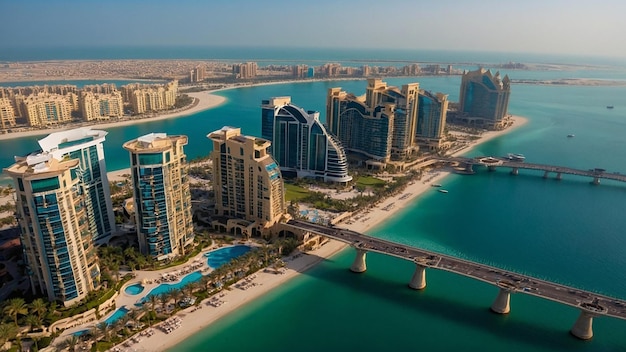 Aerial view on city by water Discover the Luxurious Atlantis Hotel A Gem on Dubois Palm Island Since 2008 Aerial view of Dubai city from the top of a tower