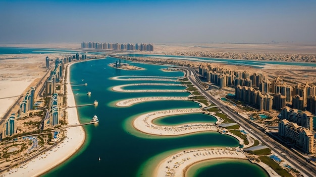 Aerial view on city by water Discover the Luxurious Atlantis Hotel A Gem on Dubois Palm Island Since 2008 Aerial view of Dubai city from the top of a tower