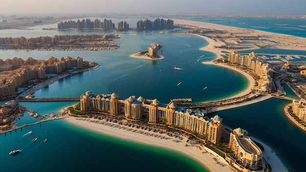 Aerial view on city by water Discover the Luxurious Atlantis Hotel A Gem on Dubois Palm Island Since 2008 Aerial view of Dubai city from the top of a tower